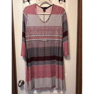 Robert Louis Womens Geometric Print V-Neck Dress Burgundy Grey 3/4 Sleeve L